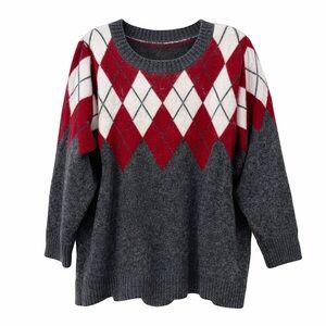 Torrid Argyle Sweater Size 3 Plus Gray Red Cream Knit Oversized Cozy Soft